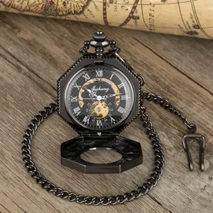 Vintage black octagonal mechanical pocket watch with Roman numerals, hollow dial and chain.