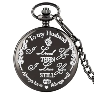 Vintage zwarte quartz zakhorloge gegraveerd met liefdesboodschap voor echtgenoot met ketting hoofditem