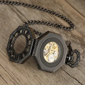 Retro mechanical pocket watch featuring hollow roman numerals and classic chain.