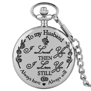 Mooi Vintage Zilveren Zakhorloge Gegraveerd Man Quartz Zakhorloge met Keten Cadeau