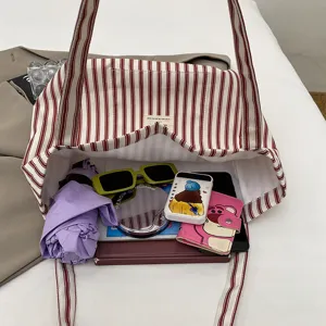 Korean style red white striped canvas tote bag, large capacity casual shoulder bag for women