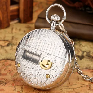 Vintage retro mechanical music box pocket watch with piano keys and engraved notes for gift