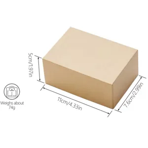 Kraft paper gift box detail view showing dimensions of 11x7.6x5cm and weight about 74g.