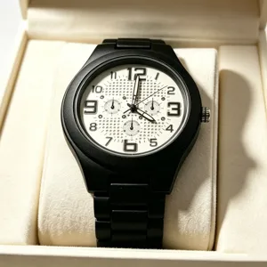 Men wooden quartz watch with black wooden strap and white grid dial for business casual wear