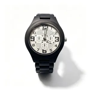 Men's Black Wooden Quartz Watch with White Grid Dial and Chronograph Style Sub-dials