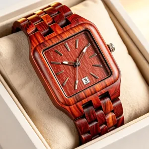 Square wooden quartz watch featuring red sandalwood strap, date display and gift box.