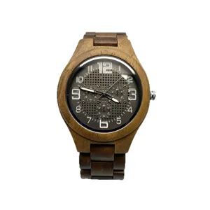 Men's Wooden Quartz Watch Casual Business Chronograph Style Grid Dial Wristwatch