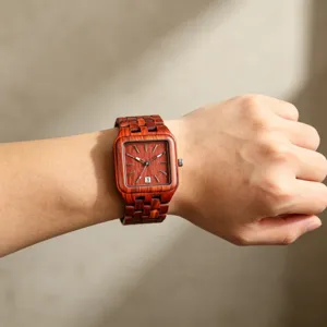 Men square wooden quartz watch with calendar display and natural wood strap for casual wear daily