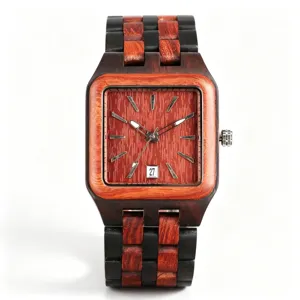 Men's square wooden quartz watch with red and black sandalwood strap and date display main view.