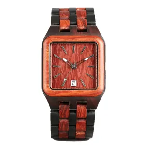 Square wooden quartz watch with red and black sandalwood, calendar display for men.
