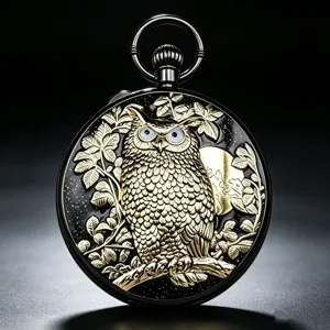 Vintage owl relief starry night pocket watch, retro alloy music watch for unisex holiday gifts.