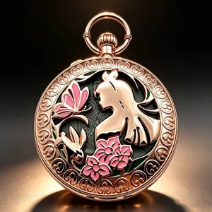 Rose gold music pocket watch with intricate butterfly and girl design pendant gift.