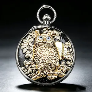 Vintage owl relief pocket watch with starry night background, metallic mechanical timepiece.
