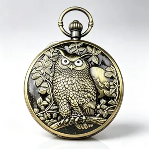 Vintage bronze pocket watch with owl relief and starry background, main product front view.
