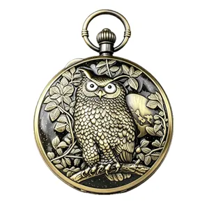 Vintage bronze alloy pocket watch featuring a detailed owl relief and starry night design.
