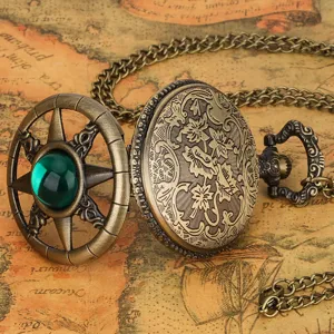 Vintage bronze quartz pocket watch with green stone and chain, intricate carved design.