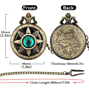 Vintage bronze quartz pocket watch with green stone, floral carved back, and chain.