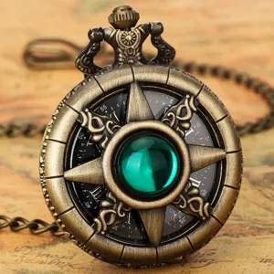 Vintage bronze quartz pocket watch with green gemstone dial and classic chain accessory.