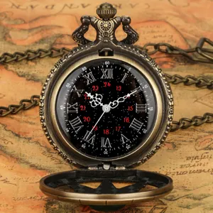 Vintage bronze quartz pocket watch with Roman numerals and star dial detail closeup view.