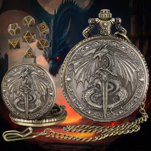 Montre de poche dragon bronze vintage avec jeu de dés DND, collier métal gothique.