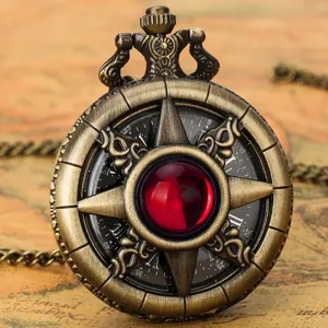 Vintage bronze pocket watch with red stone quartz movement retro necklace pendant accessory gift