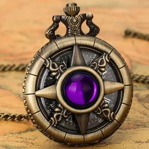 Vintage Bronze Quartz Pocket Watch with Purple Stone Roman Numerals and Long Chain