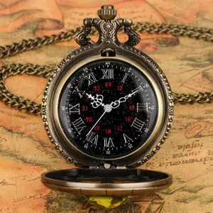 Close-up of vintage bronze quartz pocket watch with starry dial and delicate chain accessory.