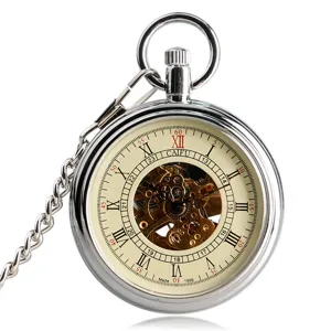 Classic silver skeleton mechanical pocket watch with Roman numerals and chain for unisex.