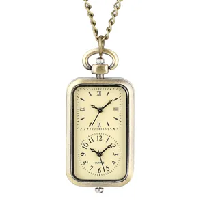 Retro bronzen rechthoekige kwarts zakhorloge met dubbele tijdzone en trui ketting.