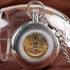 Classic silver mechanical pocket watch with hollow gear design and vintage chain detail.