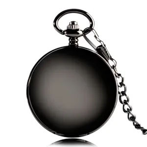 Detailed shot of a sleek black gloss pocket watch with a matching metal chain and crown.