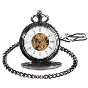 Vintage mechanical pocket watch skeleton dial detail with Roman numerals and chain.