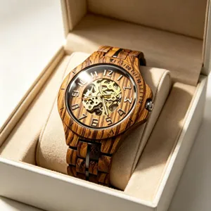 Hölzerne mechanische Uhr Nahaufnahme mit skelettiertem Zifferblatt, arabischen Ziffern und Armband.