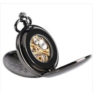 Vintage mechanical pocket watch skeleton gear gunmetal men women retro timepiece gift item