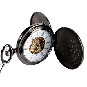 Detailed close-up view of vintage skeleton mechanical pocket watch with Roman numerals
