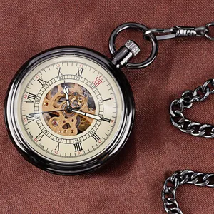 Vintage black mechanical pocket watch with hollow out dial, Roman numerals and chain.