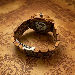 Detailansicht der Rückseite und Schließe einer hölzernen mechanischen Uhr mit Werk.