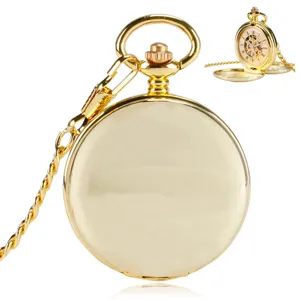 Gold vintage mechanical pocket watch with chain, double cover skeleton dial design for men women