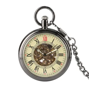 Classic black mechanical pocket watch with skeleton dial and Roman numerals for vintage style.