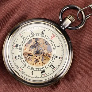 Vintage mechanical pocket watch with skeleton dial, open face Roman numerals and bronze case for daily wear