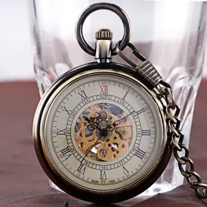 Vintage mechanical pocket watch with hollow skeleton dial and Roman numerals for men and women.