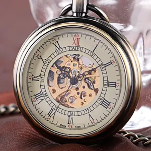 Detailed close-up of a vintage skeleton mechanical pocket watch featuring Roman numerals.