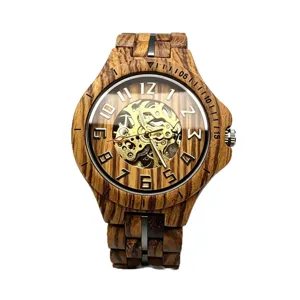 Mechanische Herrenuhr aus Holz mit Skelettwerk, arabischen Ziffern und Holzarmband Hauptbild