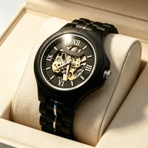 Detailed view of luxury black mechanical skeleton watch with Roman numerals and steel bracelet.