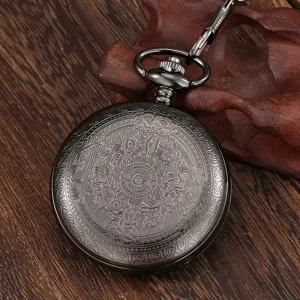 Vintage black quartz pocket watch with exquisite floral carving and chain for men and women.