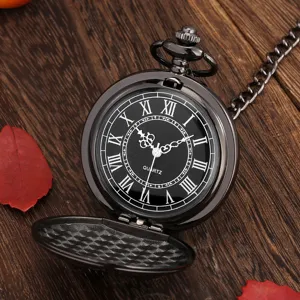 Detailed view of a vintage black quartz pocket watch with Roman numerals and metal chain.