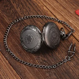 Vintage carved pocket watch detail shot, antique dark metal finish with ornate floral patterns.