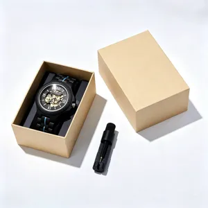 Wooden mechanical watch for men hollow skeleton dial Roman numerals stainless steel strap