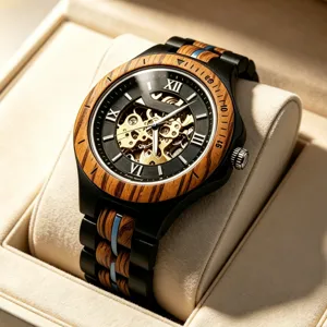 Wooden mechanical watch for men skeleton dial roman numerals stainless steel band
