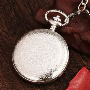 Vintage silver quartz pocket watch with intricate floral engraving and chain detail.